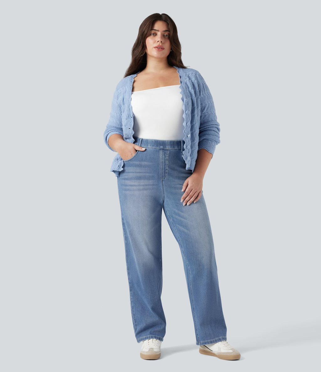 Jean droit décontracté délavé gainant taille haute grande taille avec poches Halara Flex™