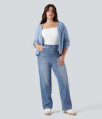 Jean droit décontracté délavé gainant taille haute grande taille avec poches Halara Flex™