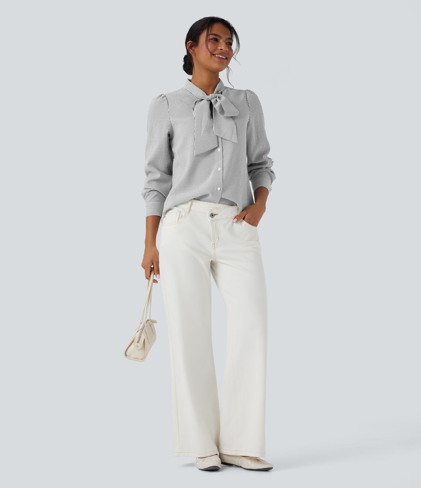 Chemise décontractée rayée à manches longues avec nœud devant