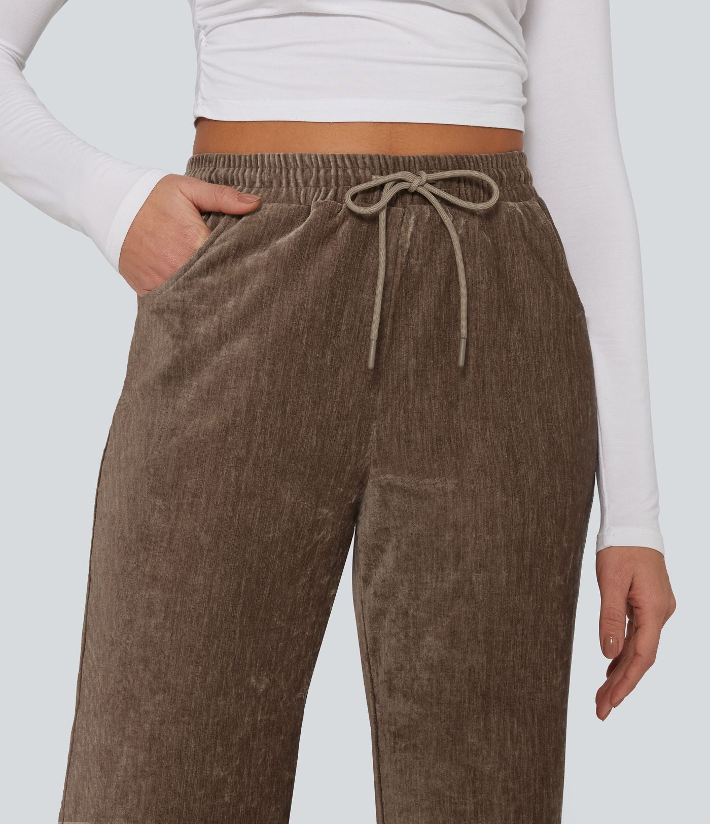 Pantalon de détente évasé en velours taille haute avec cordon de serrage et poches