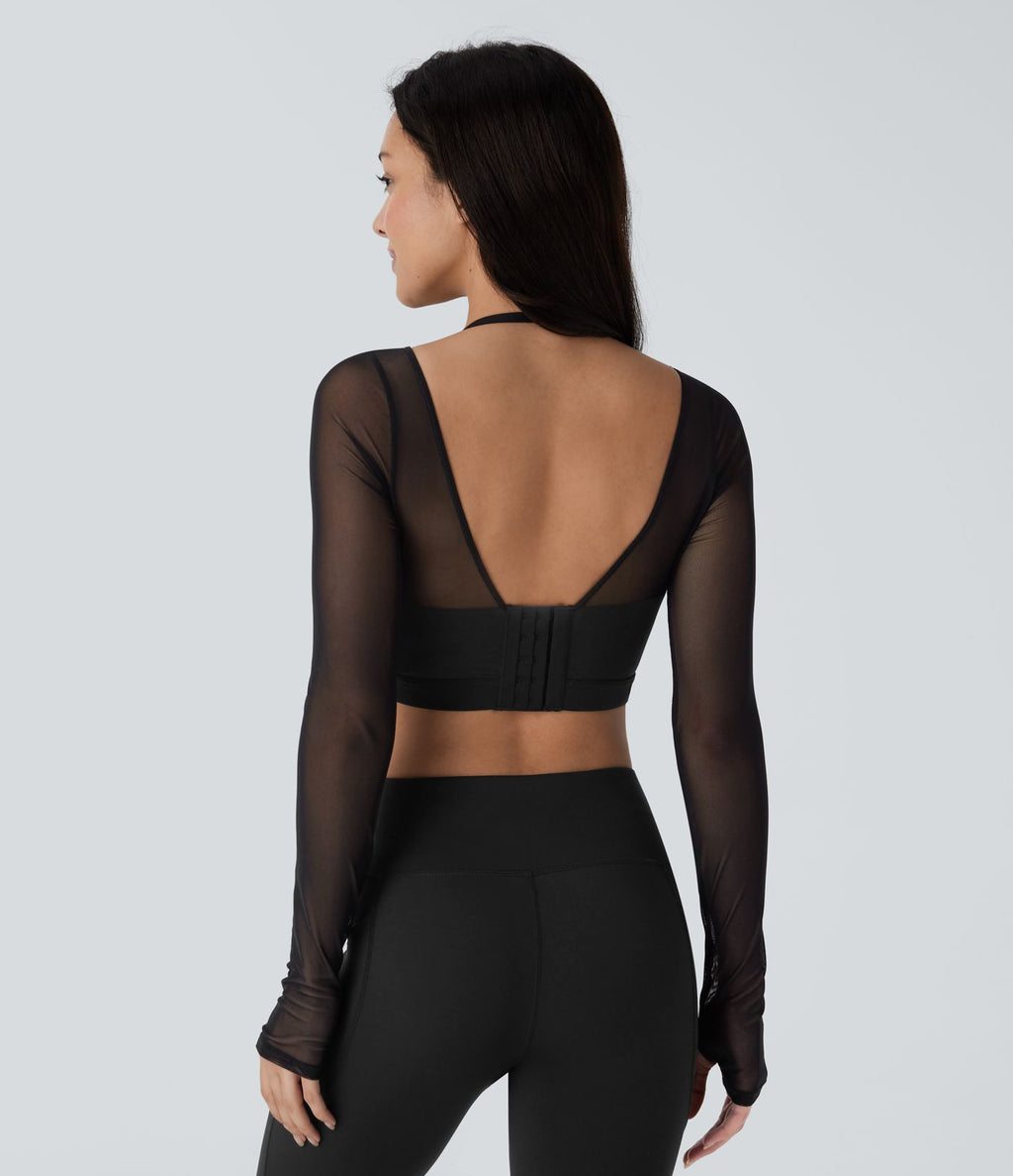Haut de sport yoga crop top 2-en-1 avec col licou, dos nu, manches longues, passe-pouces et mesh contrastant