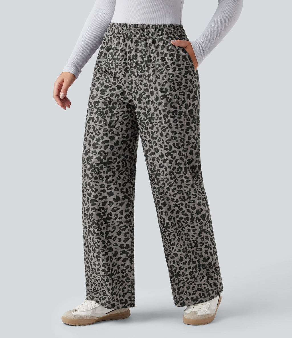 Pantalon léopard ample décontracté velours côtelé imprimé taille haute avec poches