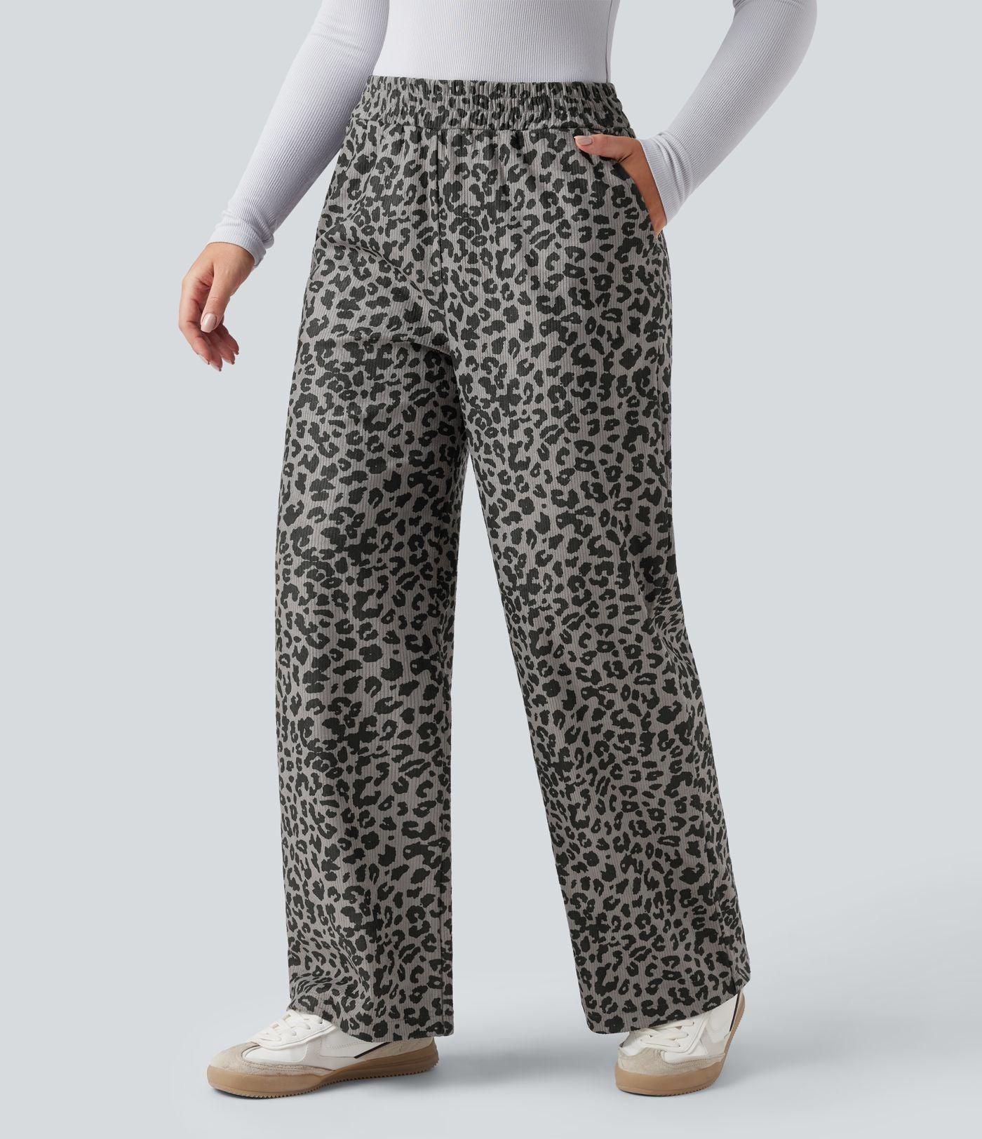 Pantalon léopard ample décontracté velours côtelé imprimé taille haute avec poches