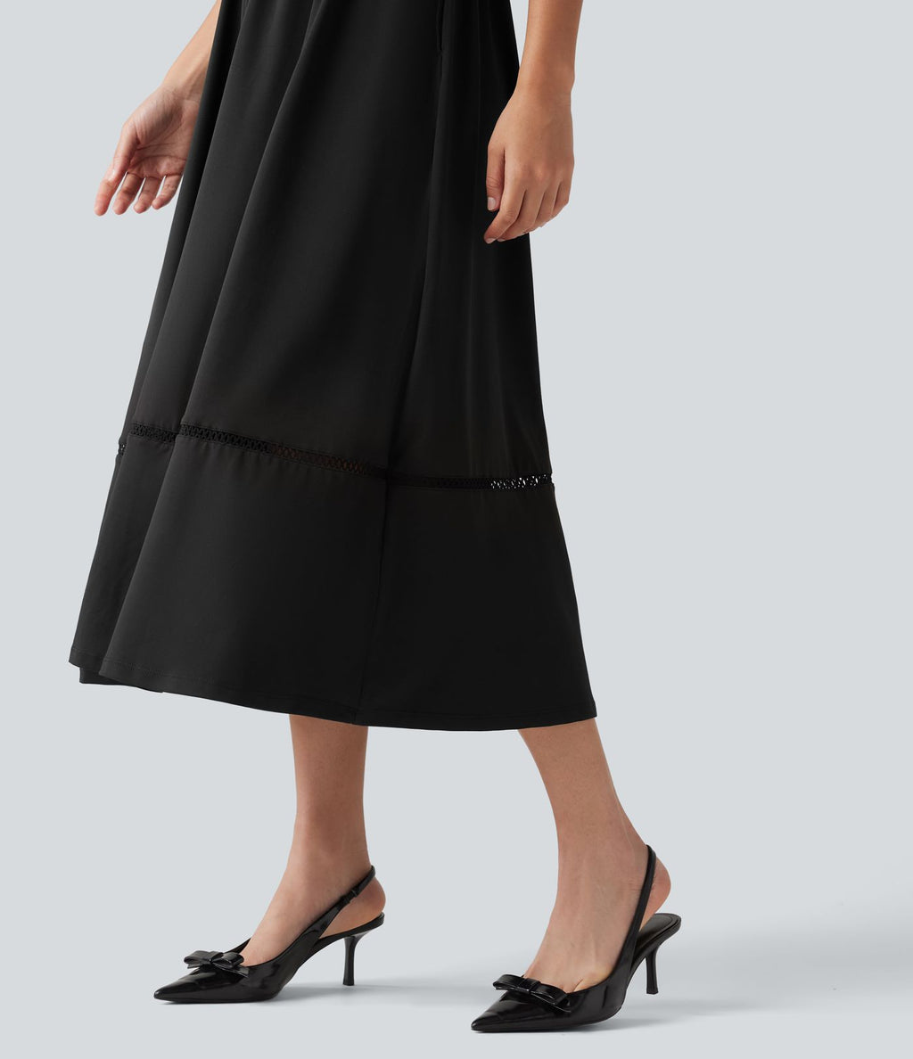 Robe midi fluide de vacances coupe trapèze à col carré avec découpes et poches