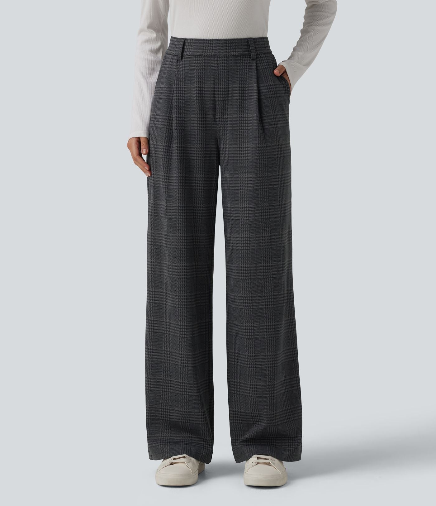 Pantalon à carreaux Halara Flex™ pour le bureau, taille haute, coupe droite avec poches