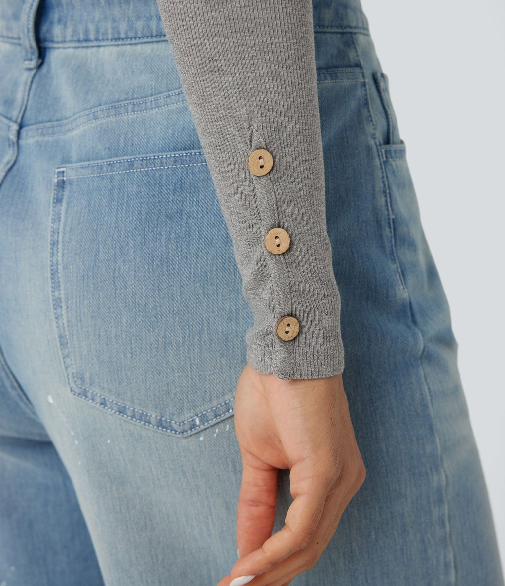 Haut décontracté ajusté maille côtelée henley manches longues