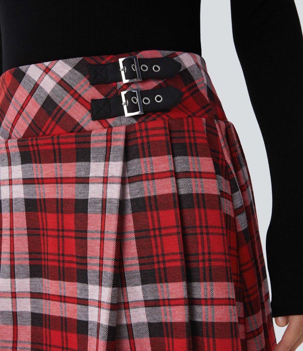 High Waisted de Decorative Buckle 2-in-1 Plaid Pleated Mini Casual Skirt