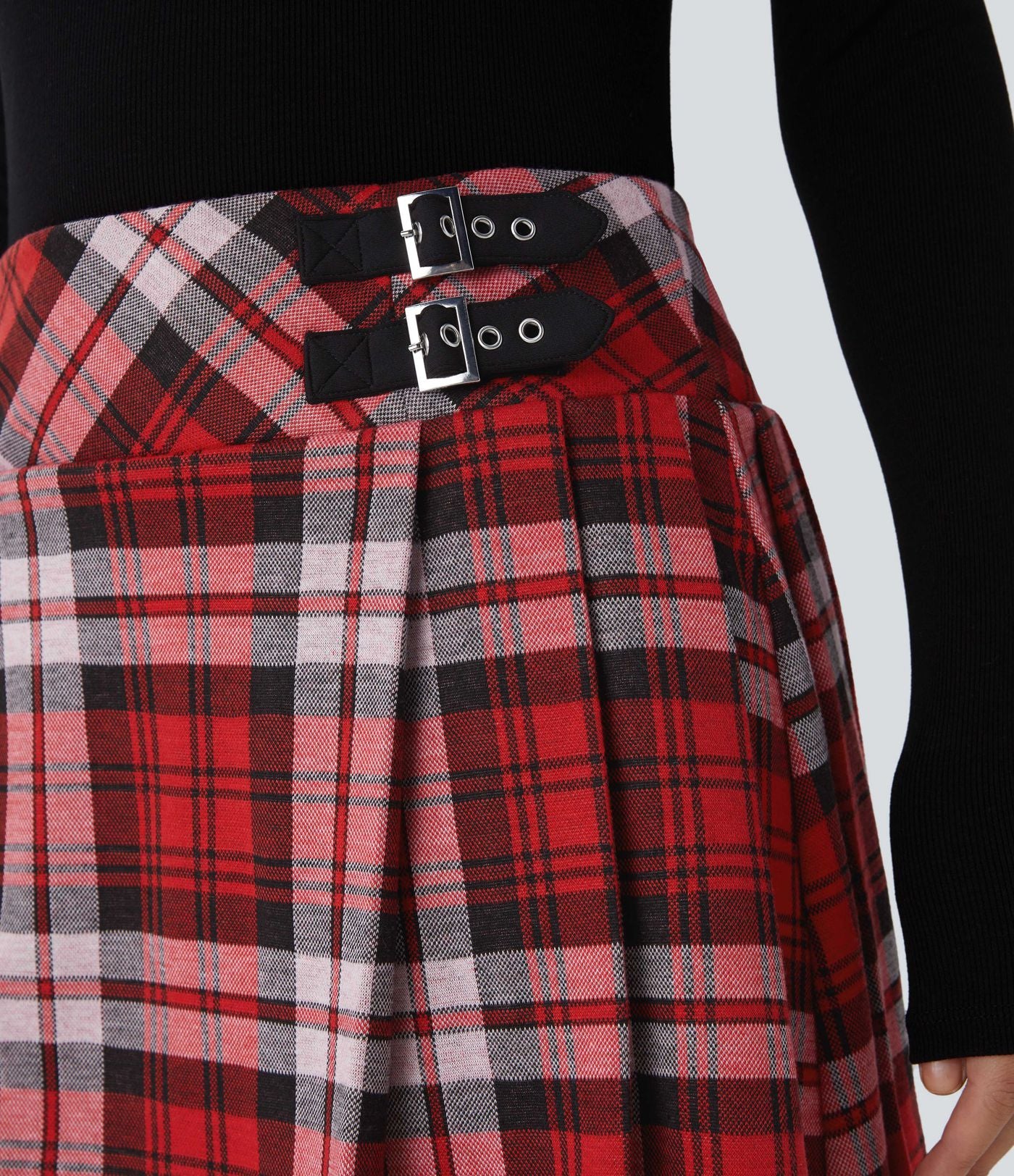 High Waisted de Decorative Buckle 2-in-1 Plaid Pleated Mini Casual Skirt
