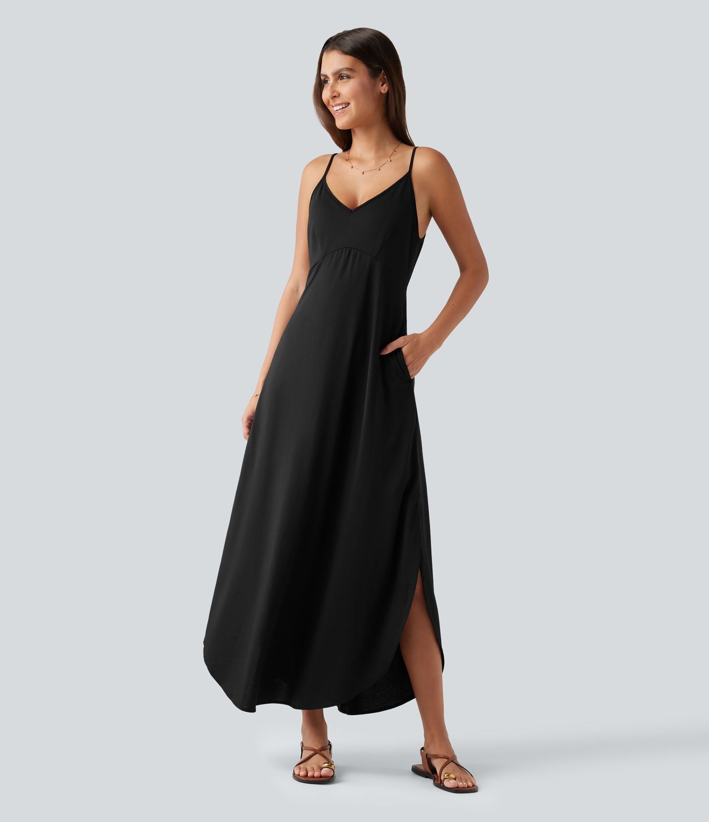 Robe longue décontractée col V style nuisette avec fente et poches
