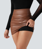 Jupe courte moulante 2-en-1 SoCinched gainante taille haute similicuir polaire froncée ourlet arrondi