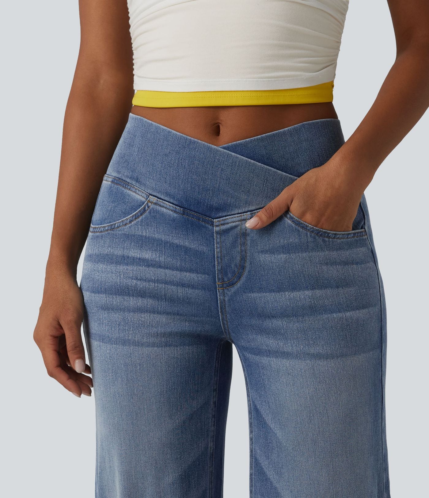 Halara Flex™ Jean large casual taille haute croisée en lyocell drapé lavé avec poches