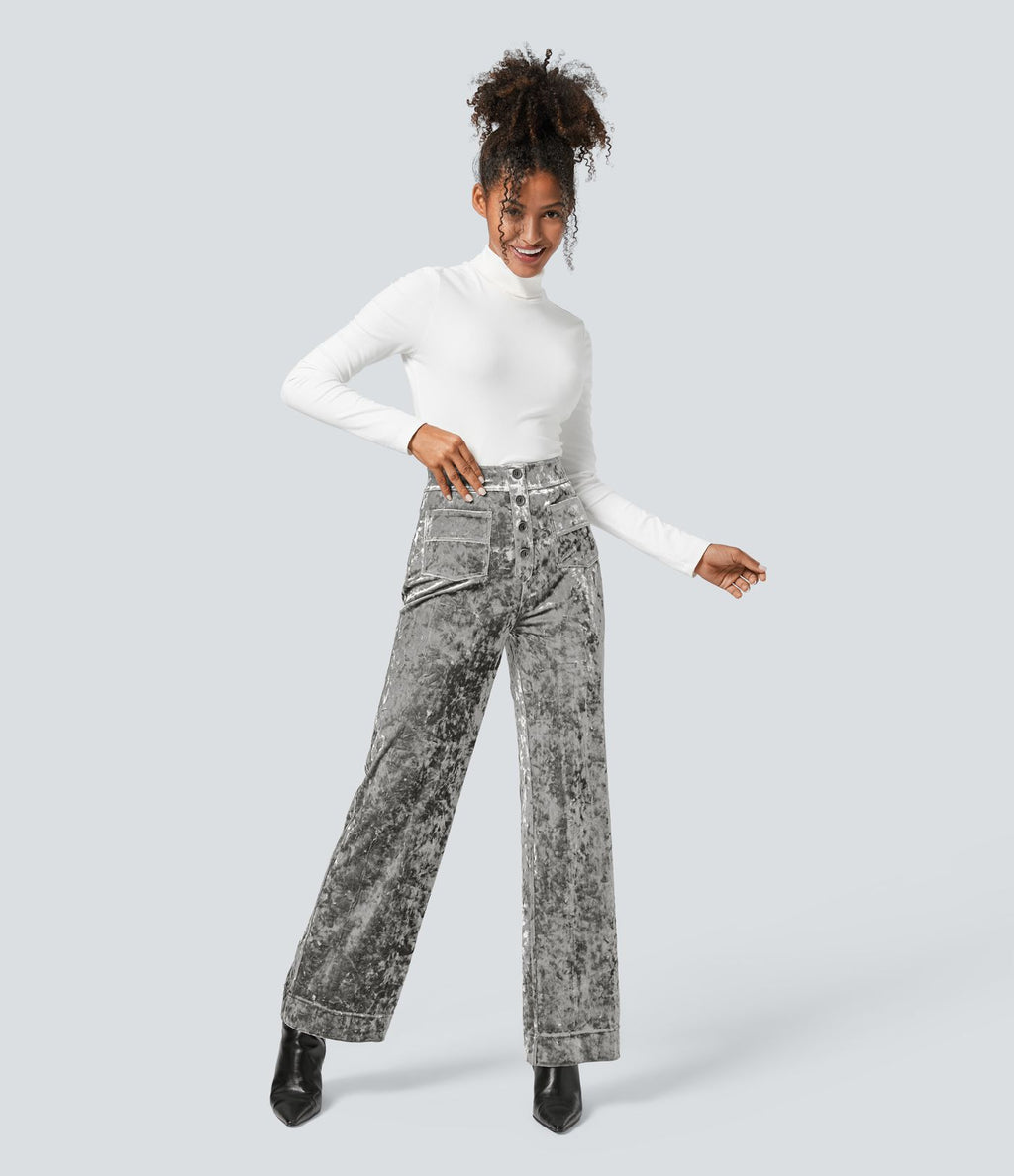 Pantalon Casual en Velours Taille Haute avec Bouton Multipoches Droites