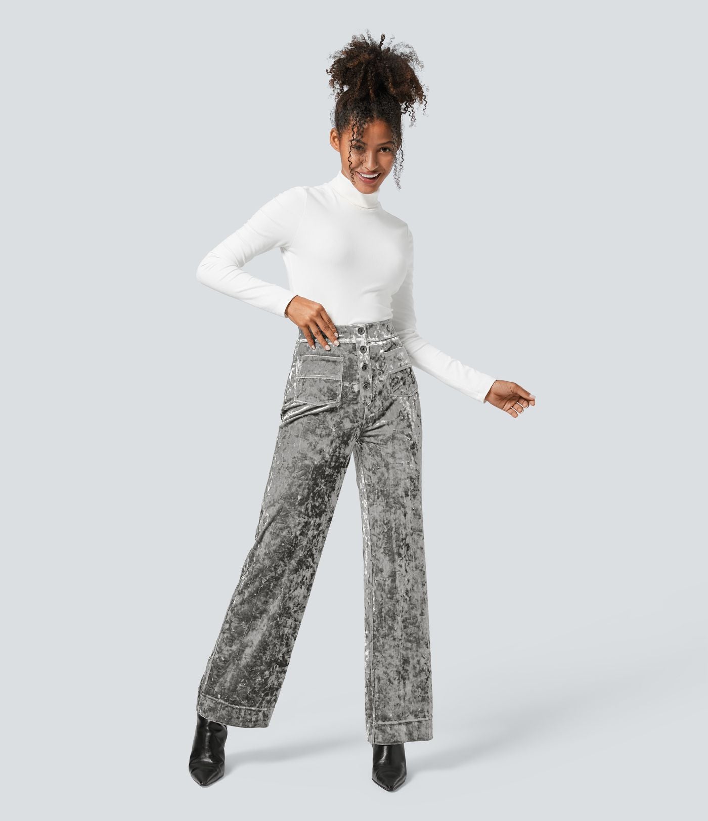 Pantalon en Velours Taille Haute avec Bouton Multipoches Droites