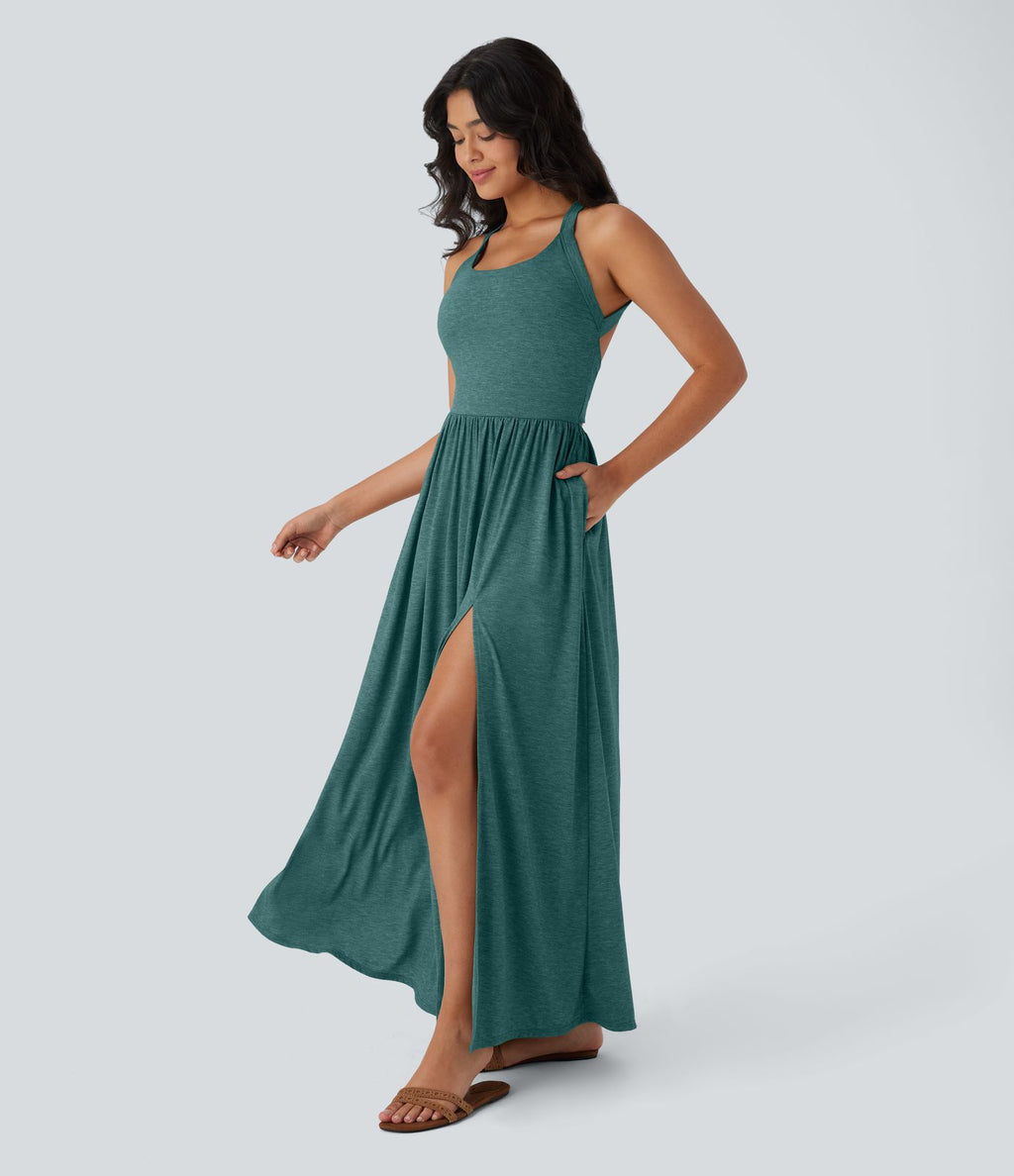 Robe longue fluide fendue avec poches latérales, dos nu et effet torsadé