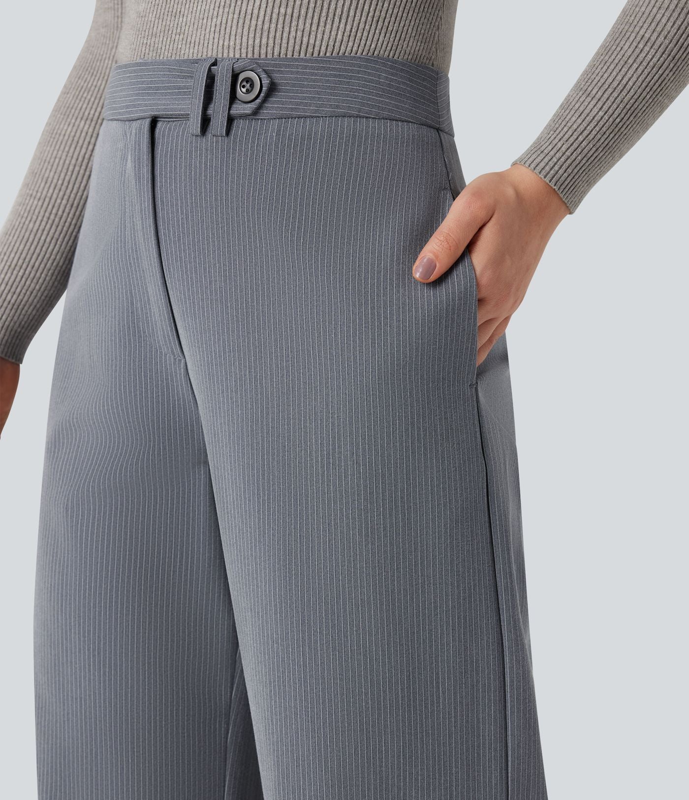 Pantalon tailleur rayé coupe droite taille haute avec poches