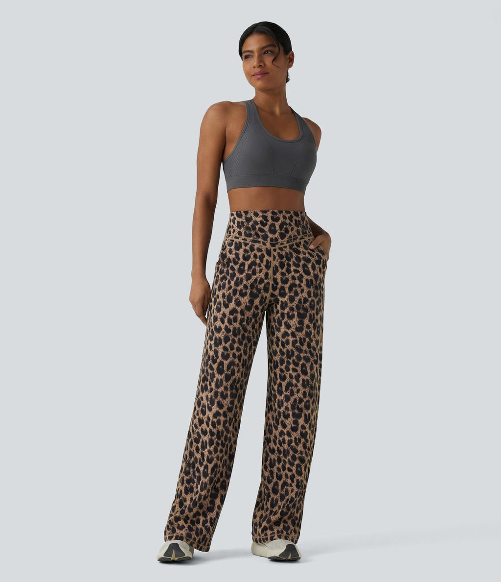 Pantalon de yoga jambes droites taille haute gainant imprimé léopard Halara UltraSculpt™ avec poches