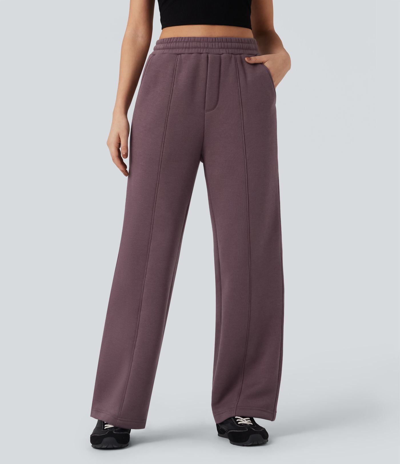 Pantalon jogging droit en coton molleton taille haute avec cordon et poches