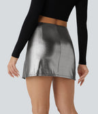 Softlyzero™ Jupe Soirée Mini à Effet Cuir Taille Haute Ourlet Fendu 2-en-1 Poche Côté Imprimé Métallisé Élastique Moulante