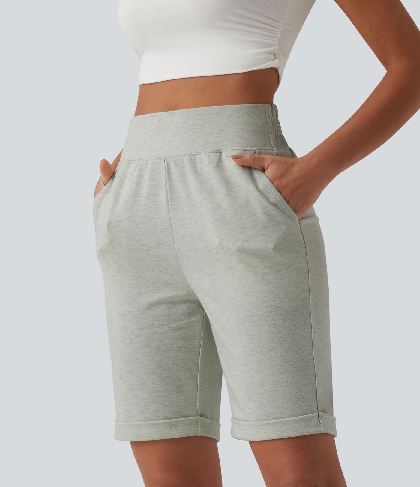 Short sweat décontracté taille haute à ourlet roulé avec poches