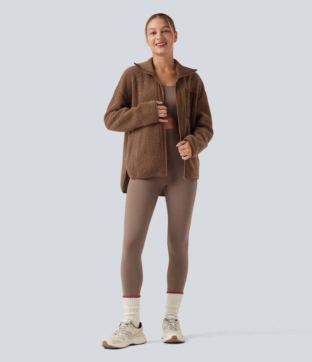 Veste de sport sherpa à manches longues avec ourlet asymétrique arrondi et poches