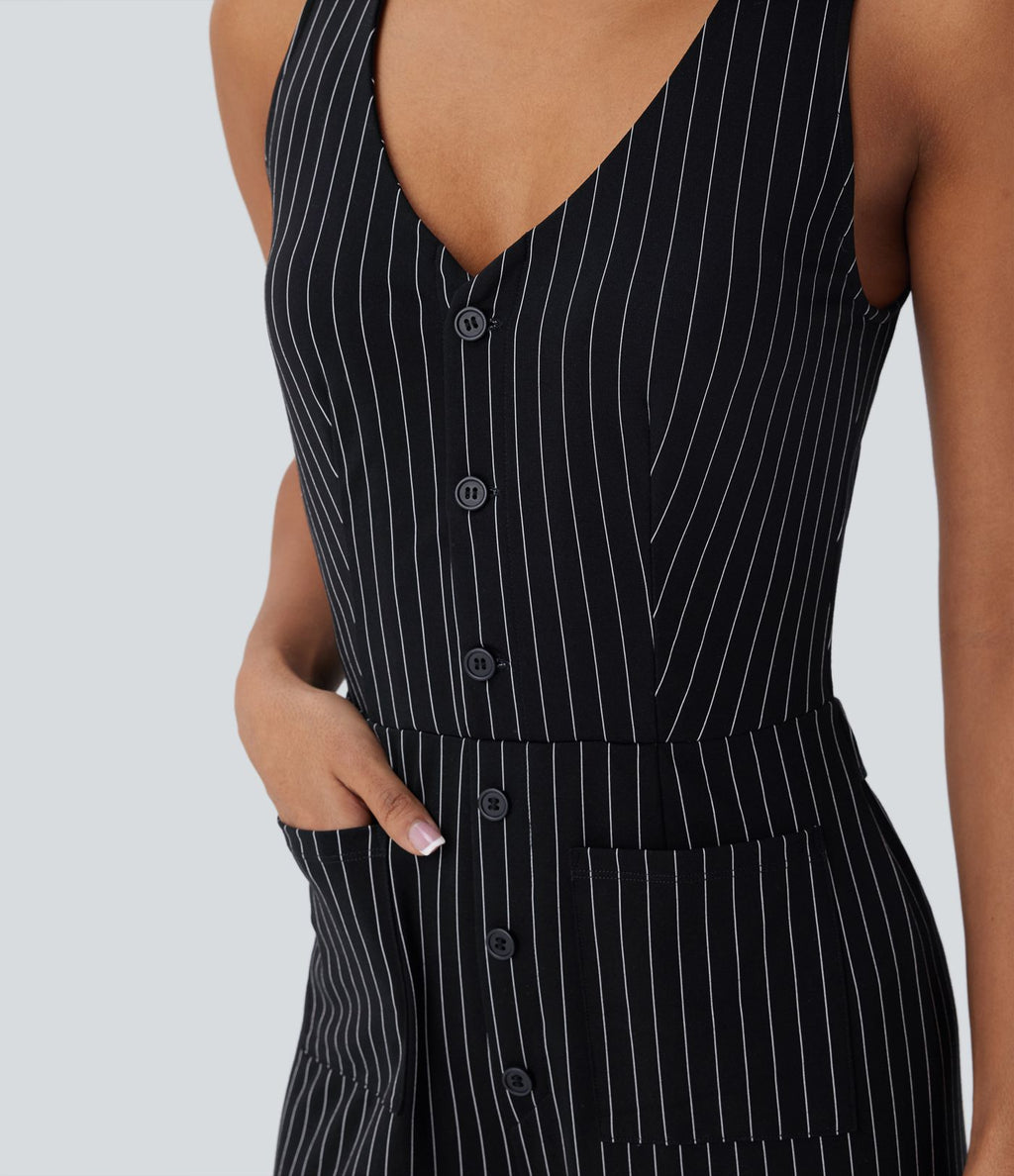 Combinaison tailleur rayée à jambes larges, décolleté en V, découpe et poches