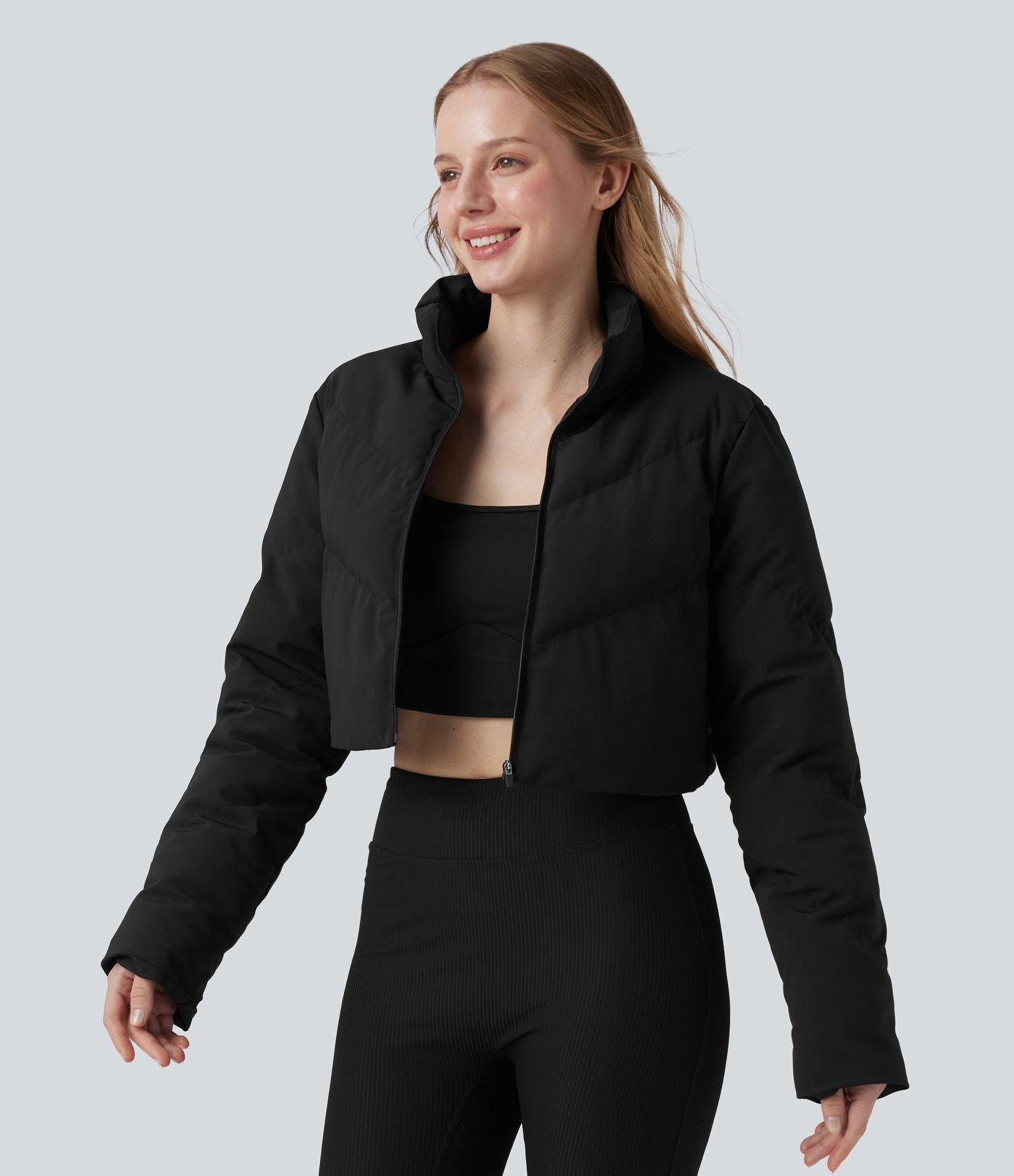 PuffFlex Manteau doudoune 3-en-1 court casual à col montant et veste à ourlet arrondi avec passants pouces et poche