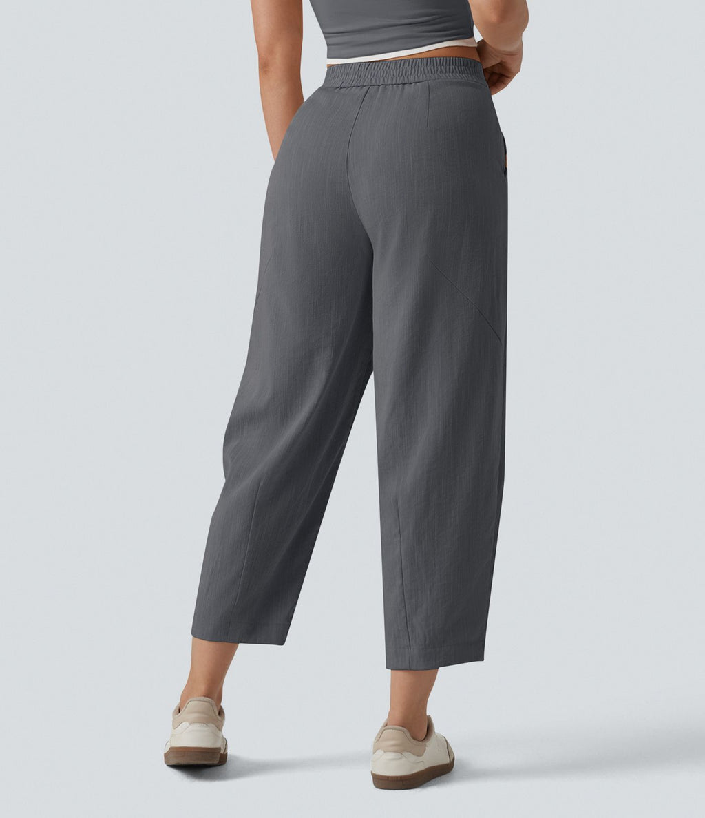 Pantalon casual taille mi-haute coupe tonneau aspect lin, avec poches