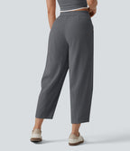 Pantalon casual taille mi-haute coupe tonneau aspect lin, avec poches
