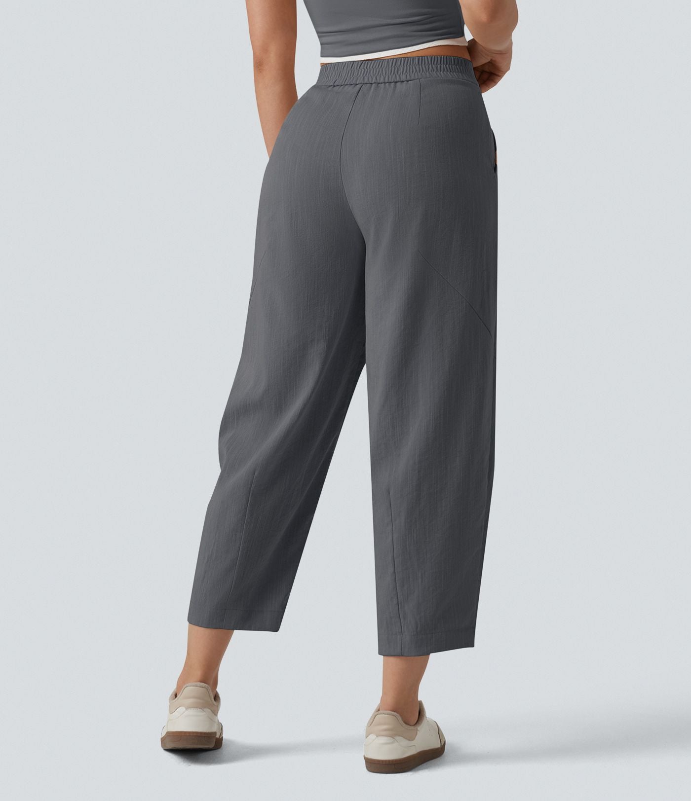 Pantalon casual taille mi-haute coupe tonneau aspect lin, avec poches