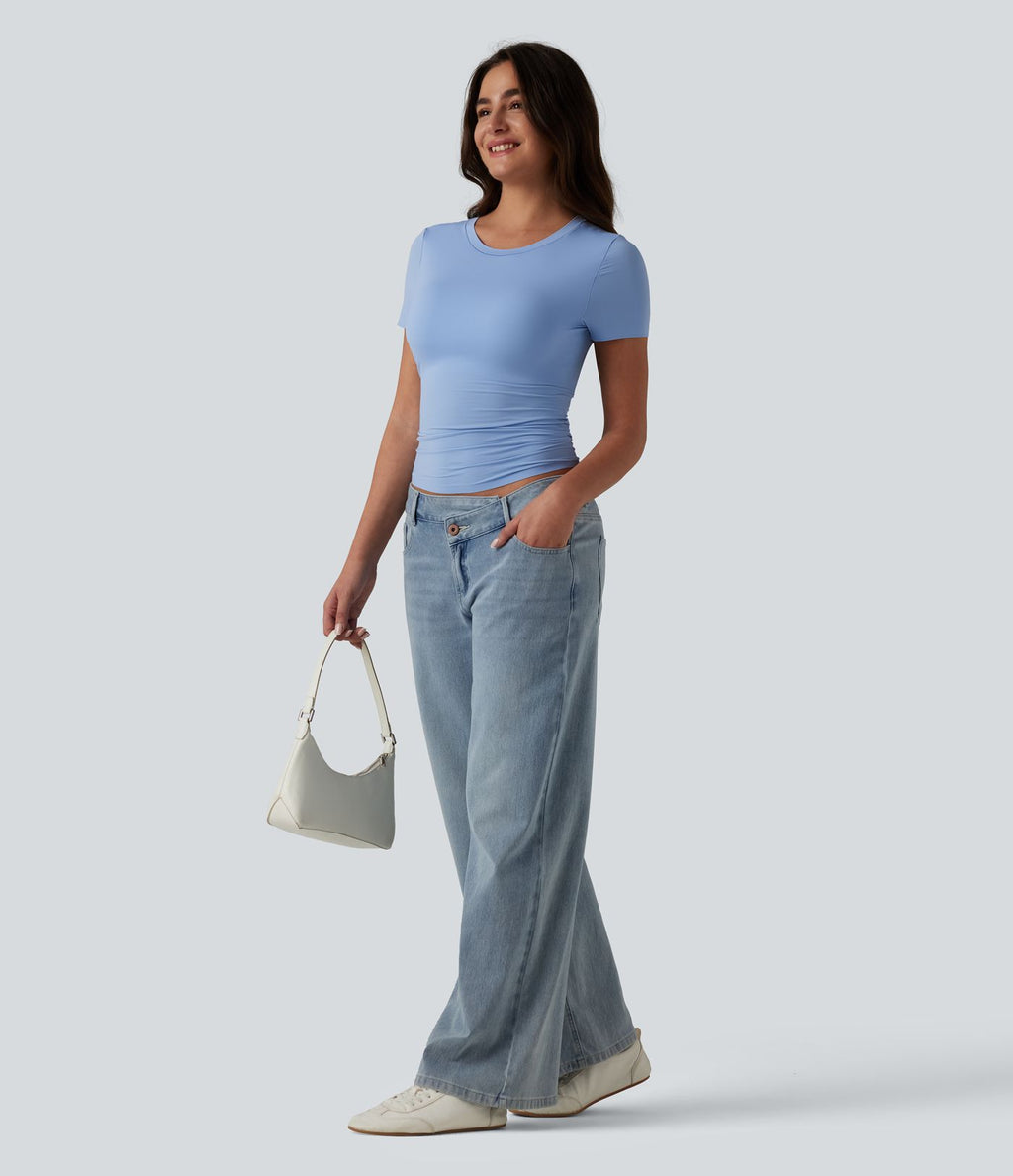 T-shirt décontracté col rond échancré à manches courtes avec soutien-gorge intégré bonnets B-DD