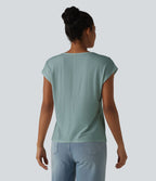 T-shirt décontracté col V manches courtes boutons décoratifs