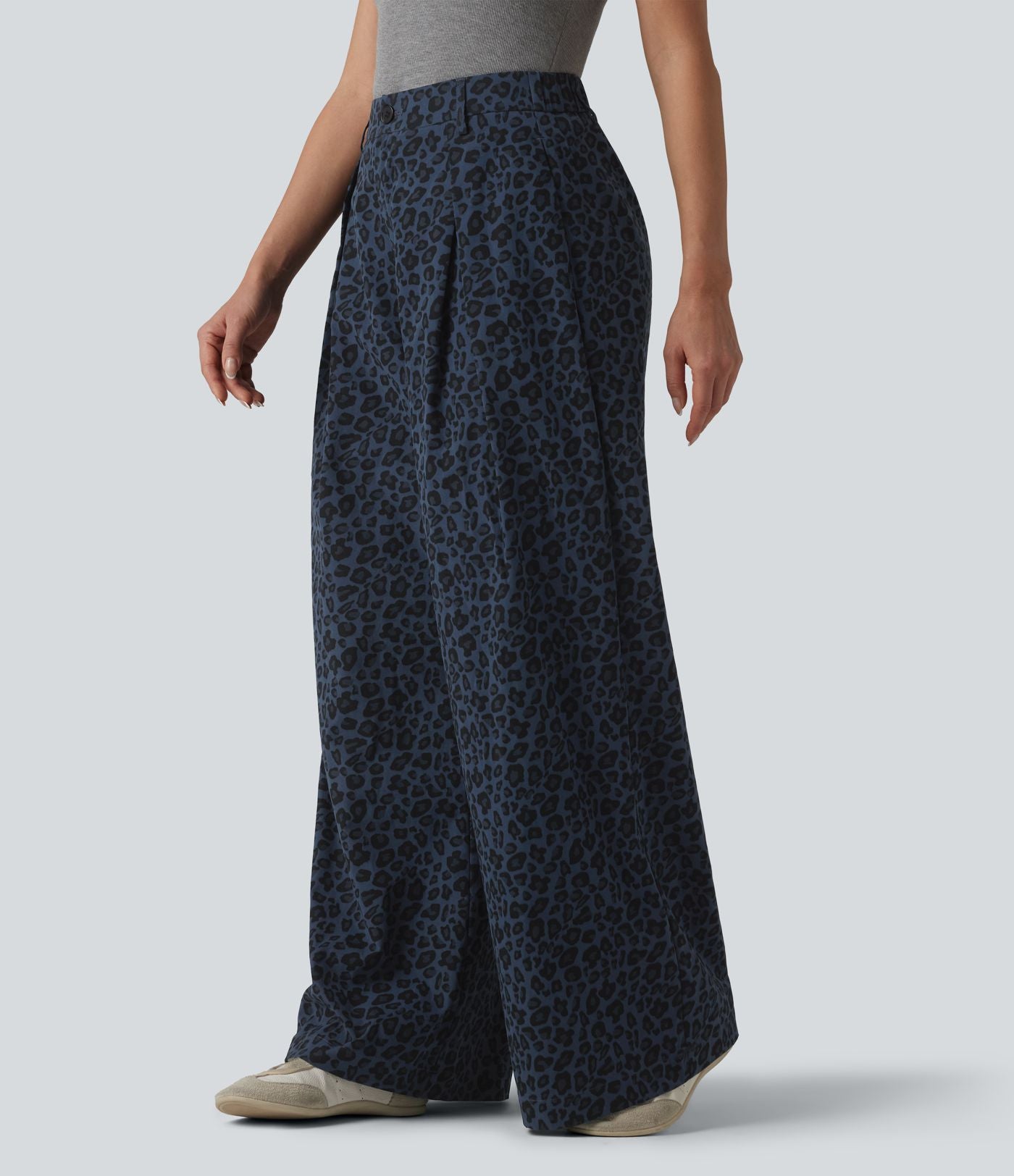 Pantalon large décontracté imprimé léopard taille mi-haute avec poches