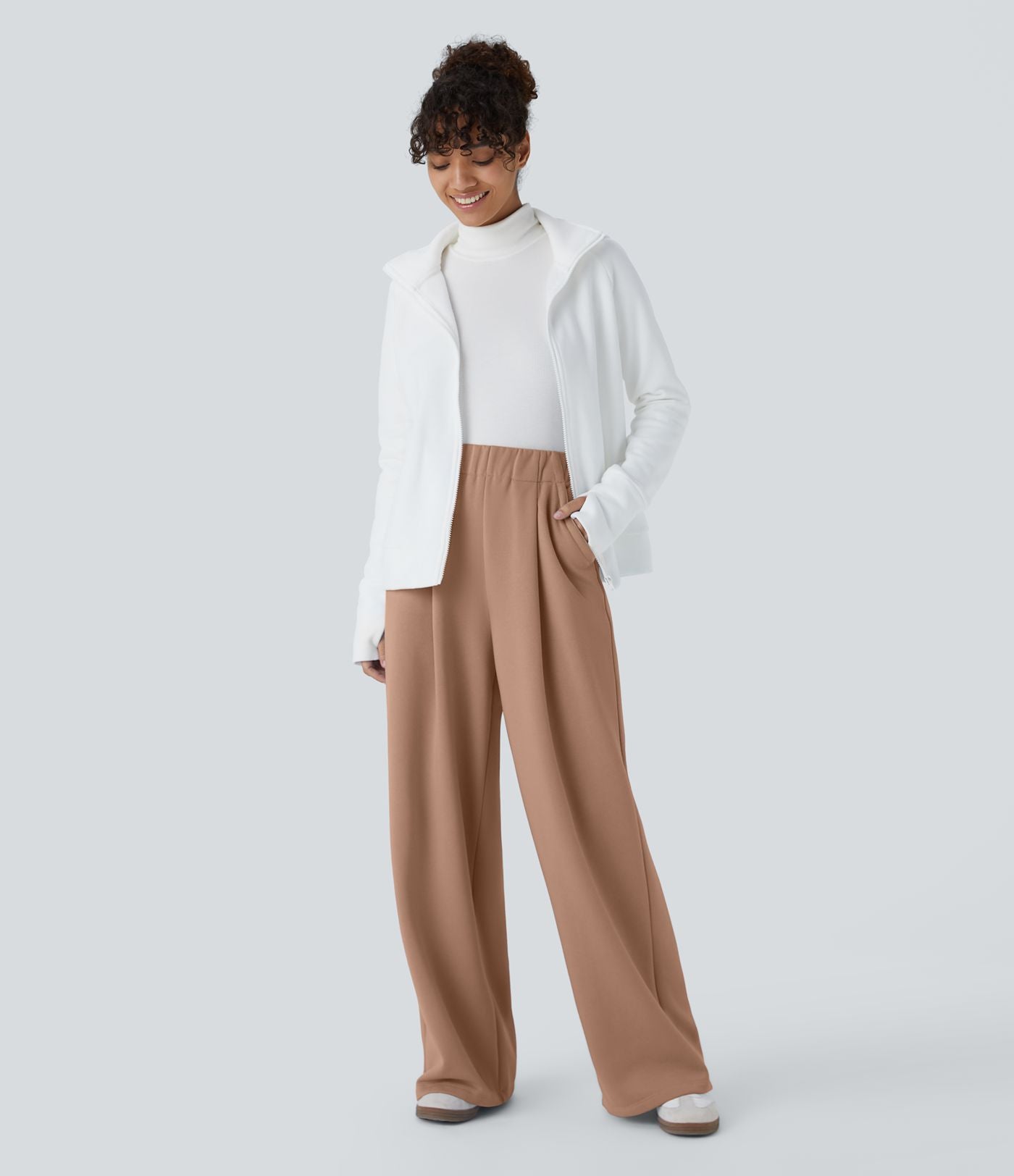 Pantalon Jogging Thermique Taille Haut Jambes Larges Poche Latérale Plissée en Fleece