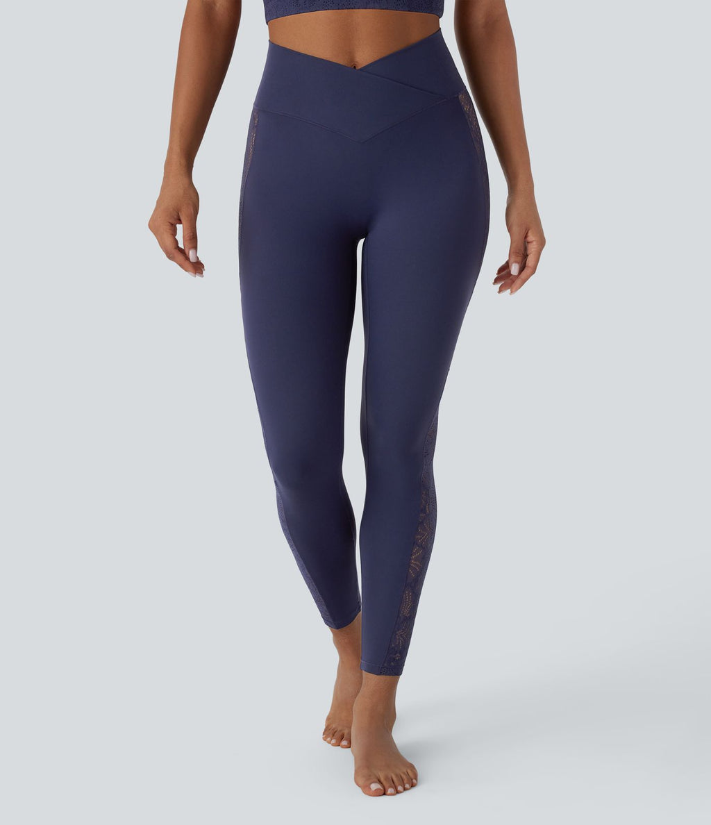 Softlyzero™ Legging Yoga 7/8 Taille Haute avec Poche au Dos Découpe Croisée et Dentelle Contrastante
