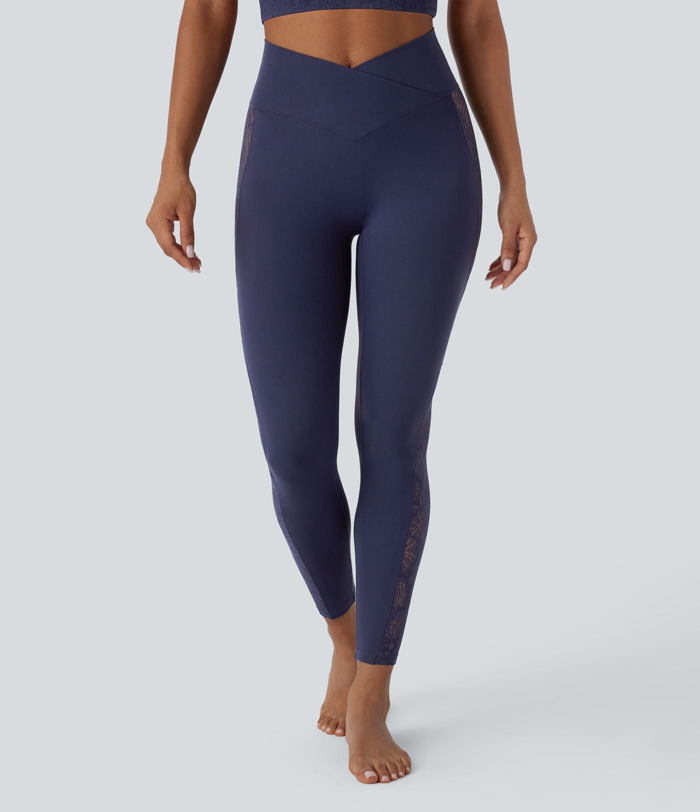 Softlyzero™ Legging Yoga 7/8 Taille Haute avec Poche au Dos Découpe Croisée et Dentelle Contrastante
