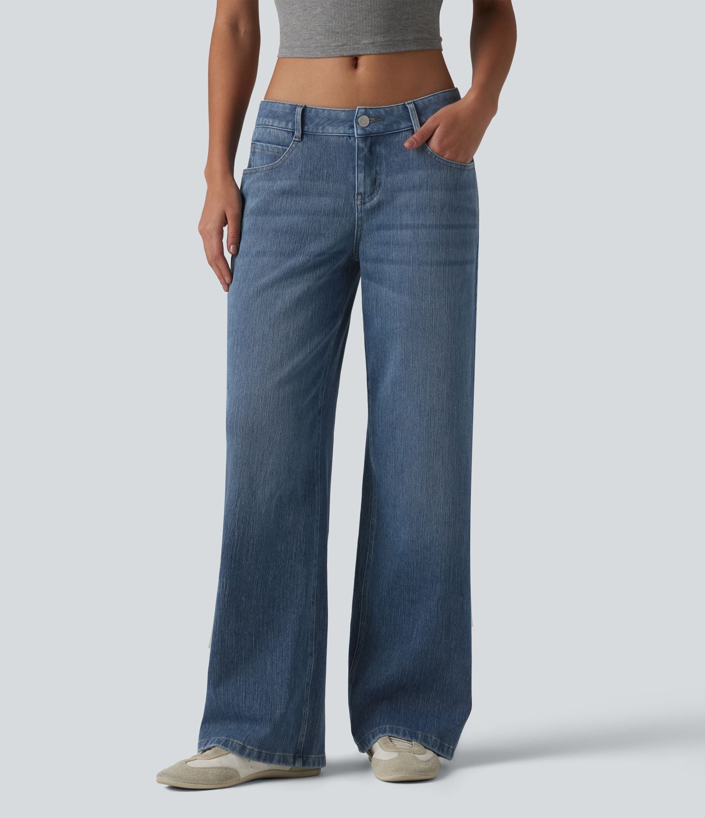 Jean coupe droite décontracté Halara Flex™ taille basse, délavé, avec poches