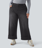 Jean casual grande taille Halara Flex™ tricot extensible délavé taille haute jambe large ourlet roulotté avec poches