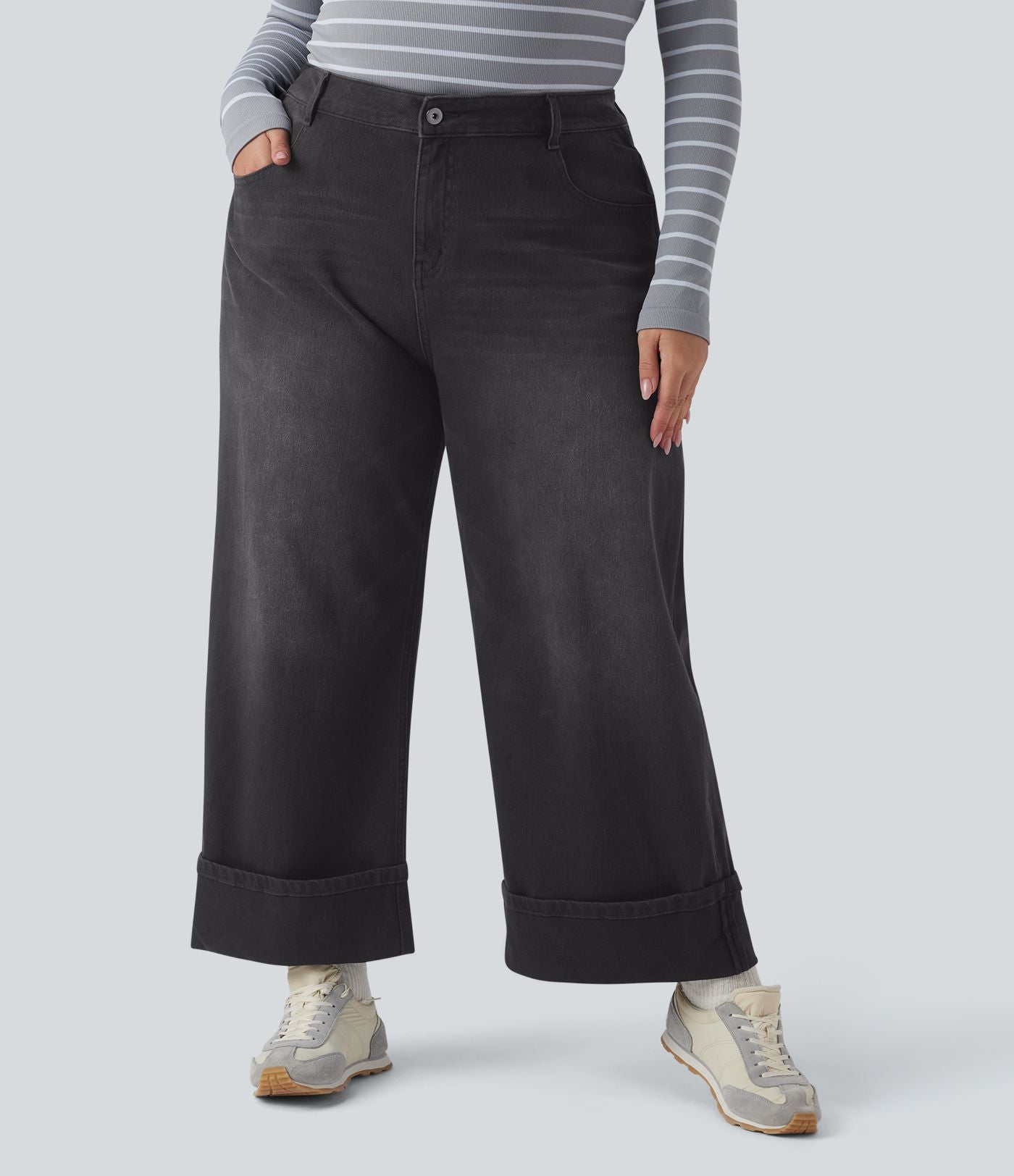 Jean casual grande taille Halara Flex™ tricot extensible délavé taille haute jambe large ourlet roulotté avec poches