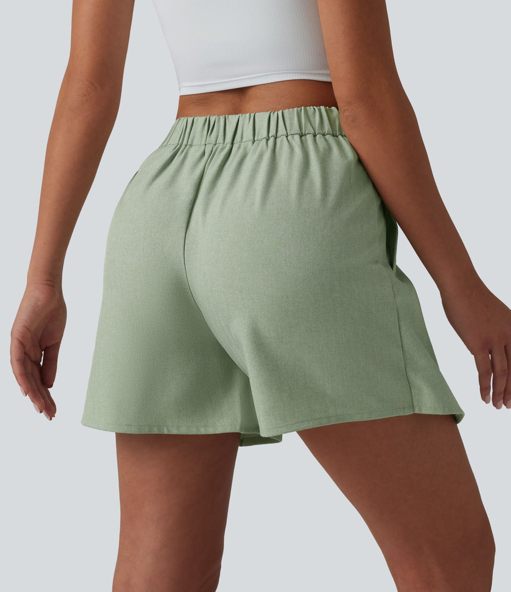 Jupe-short plissée taille haute casual infroissable aspect lin avec poches