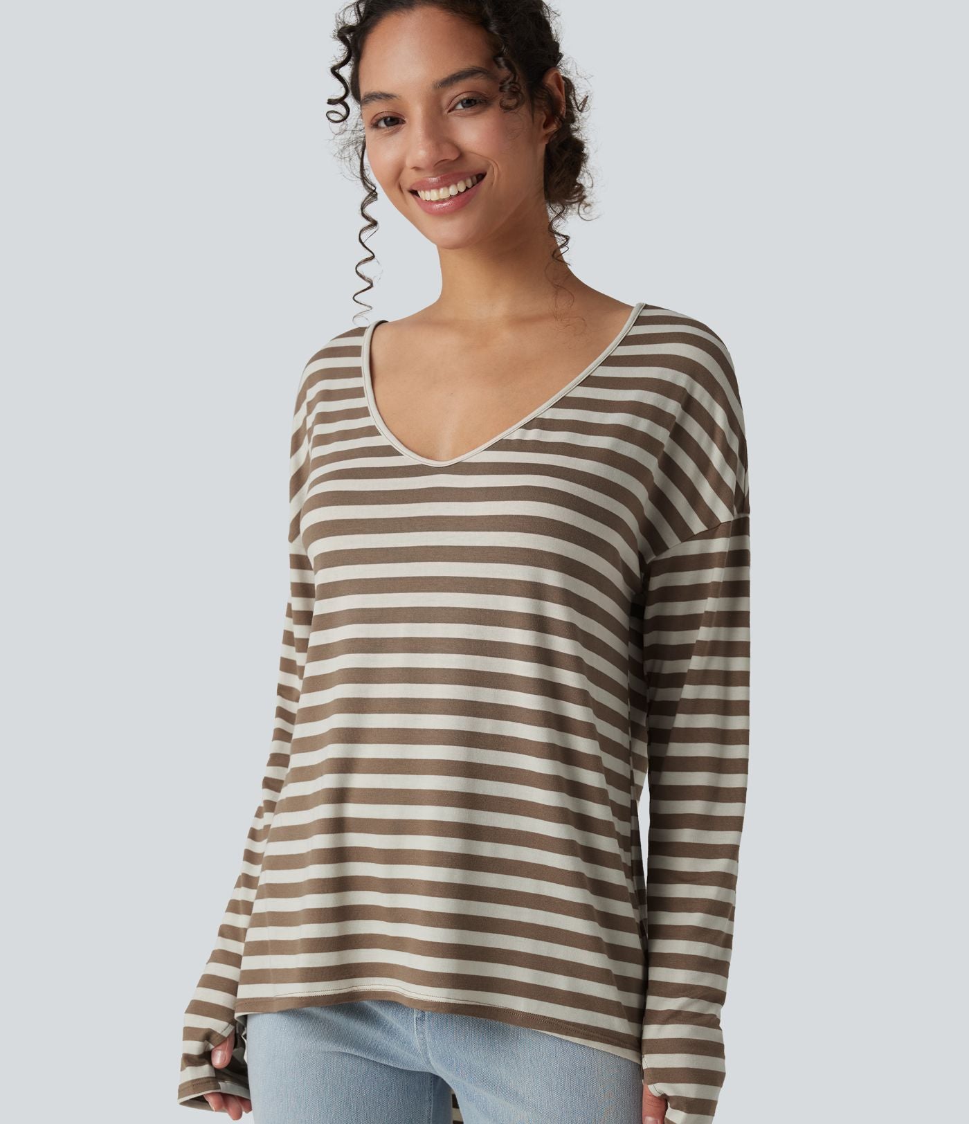 T-shirt ample décolleté plongeant manches longues à rayures et trous pour les pouces - Réversible devant et dos