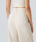 Pantalon décontracté coupe droite taille haute aspect lin avec poches