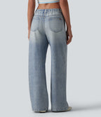 Jogging jean décontracté en molleton French Terry imprimé denim taille mi-haute avec poches