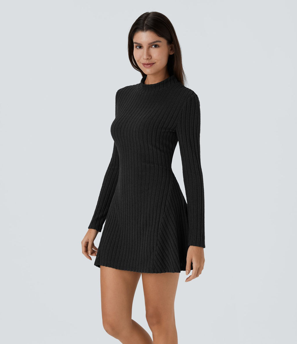 Robe de courte décontractée en maille côtelée à col montant et manches longues