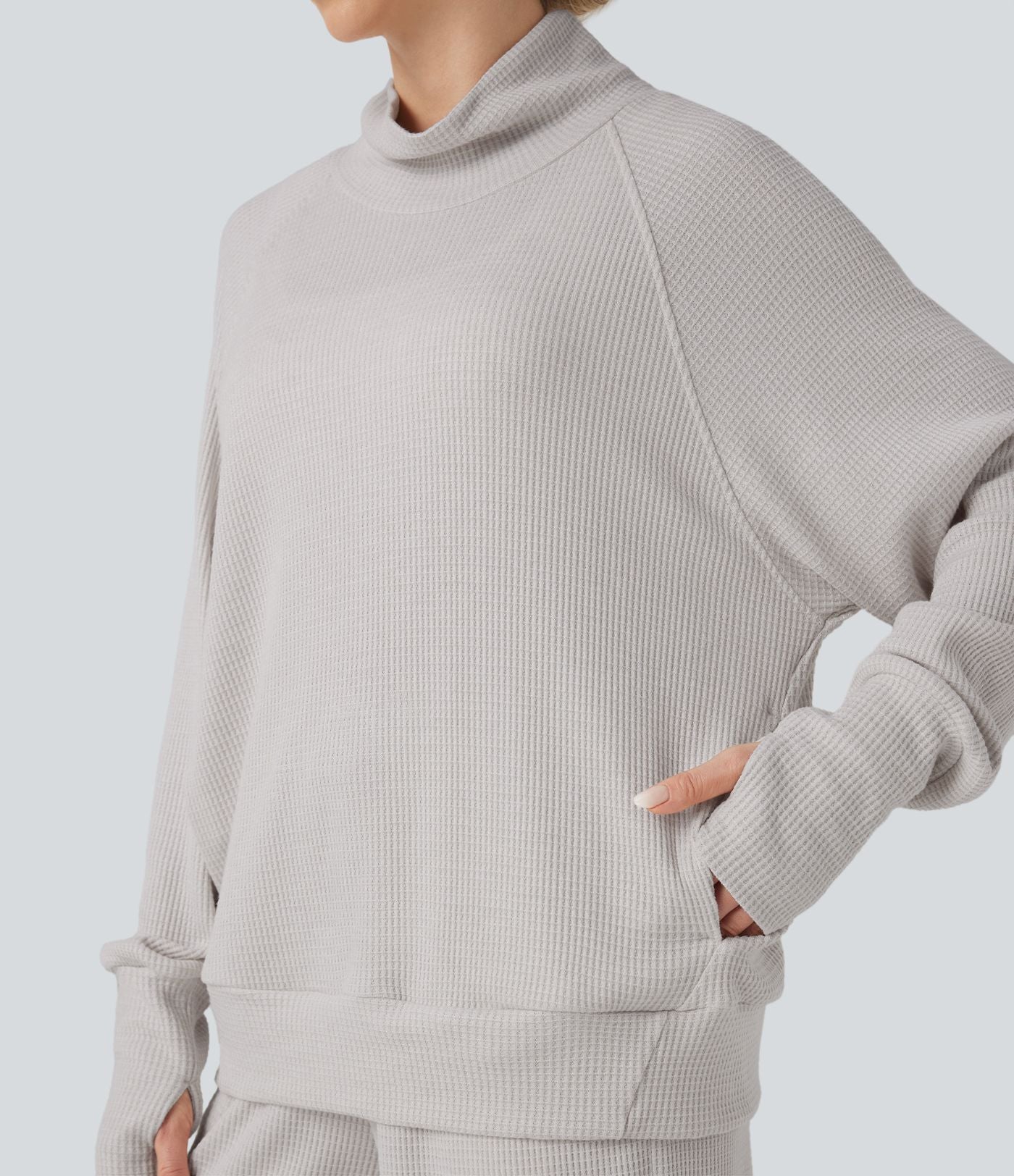 Sweat décontracté oversize col montant manches longues maille gaufrée à trous pouces avec poches