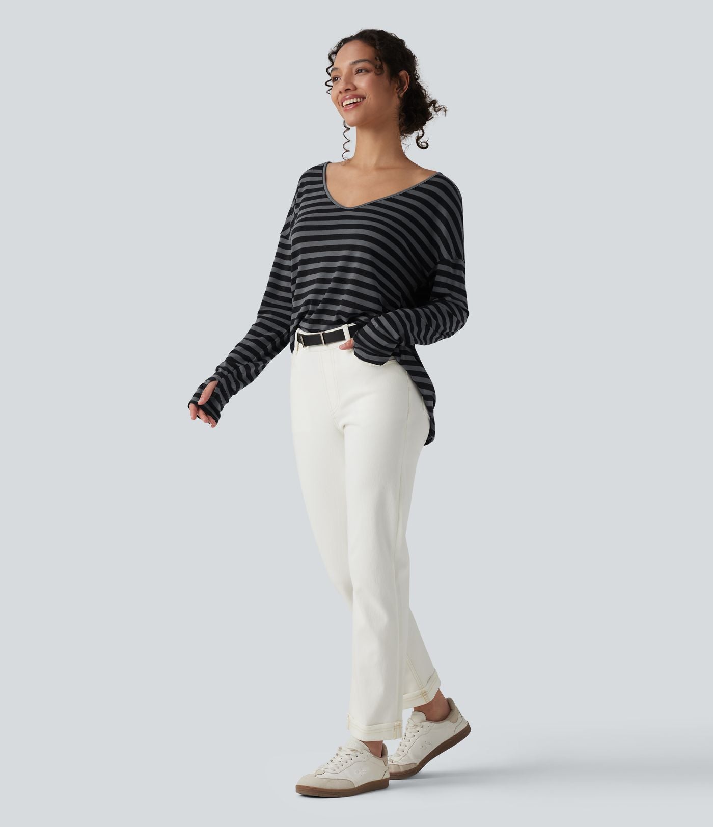 T-shirt ample décolleté plongeant manches longues à rayures et trous pour les pouces - Réversible devant et dos