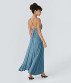 Robe Soirée Midi Encolure Côtelée Dos Nu Lacets Croisés Fendue