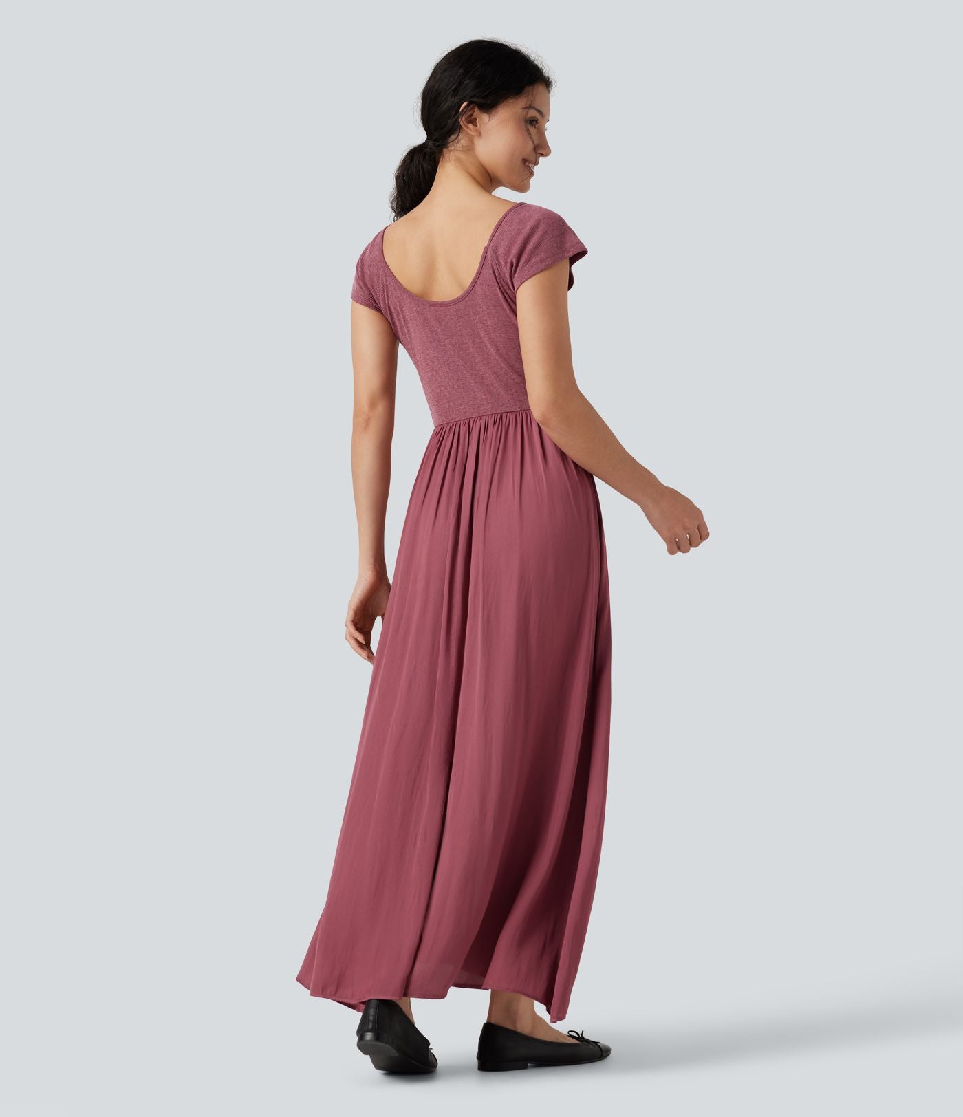 Robe maxi casual fluide col U manches courtes