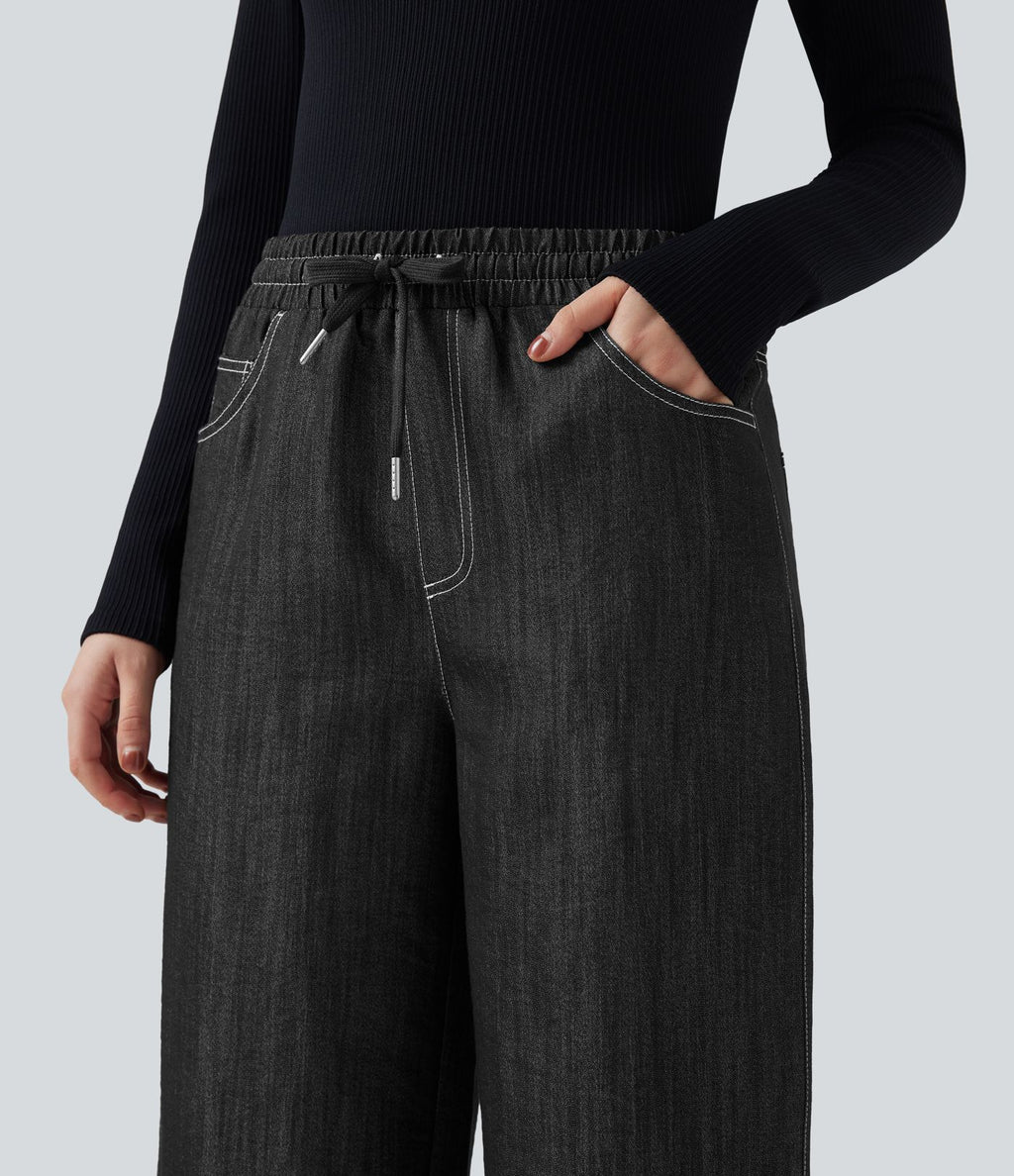 Pantalon décontracté large effet lin taille haute infroissable avec cordon et poches