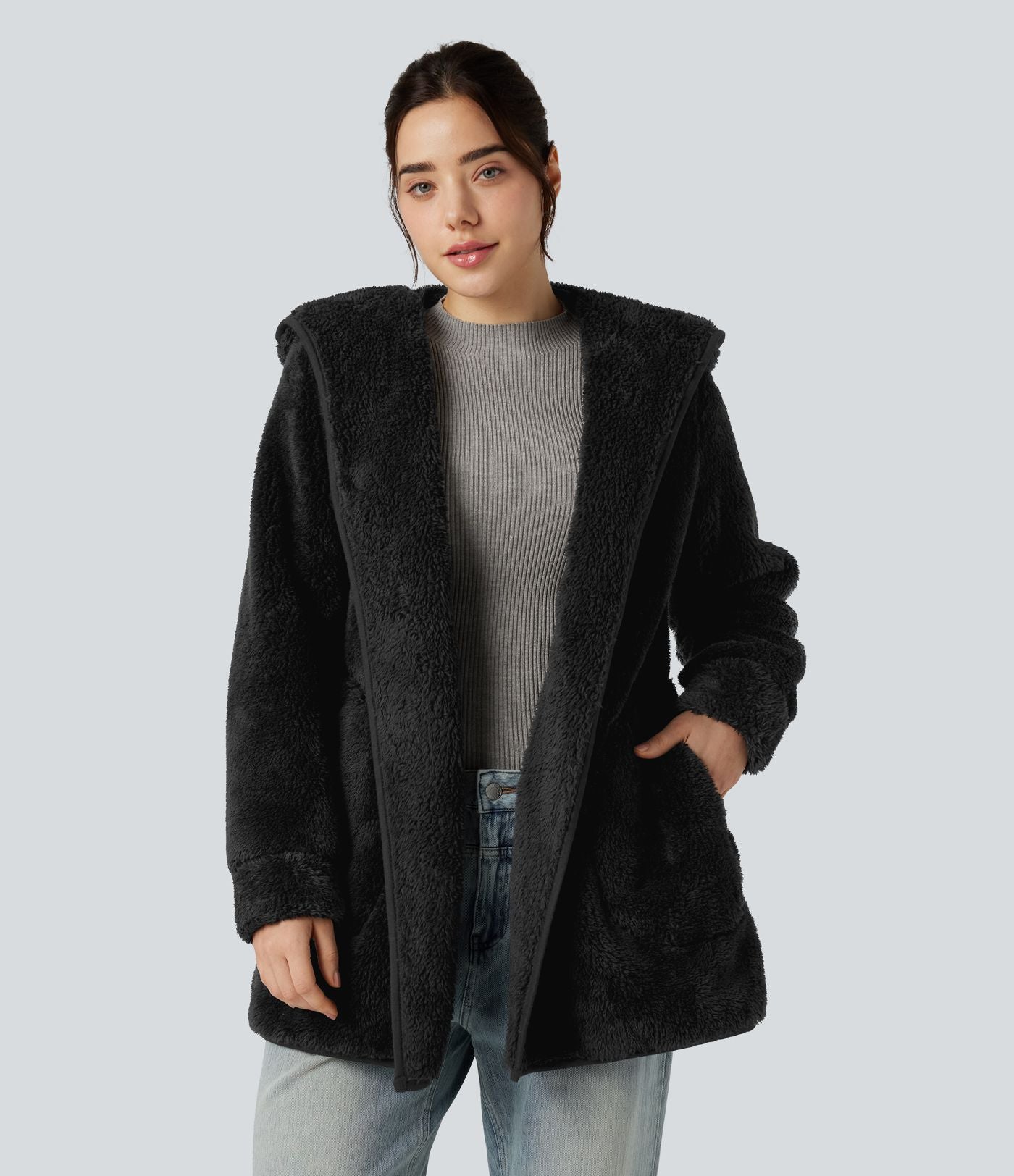 Manteau teddy à capuche manches longues avec poches