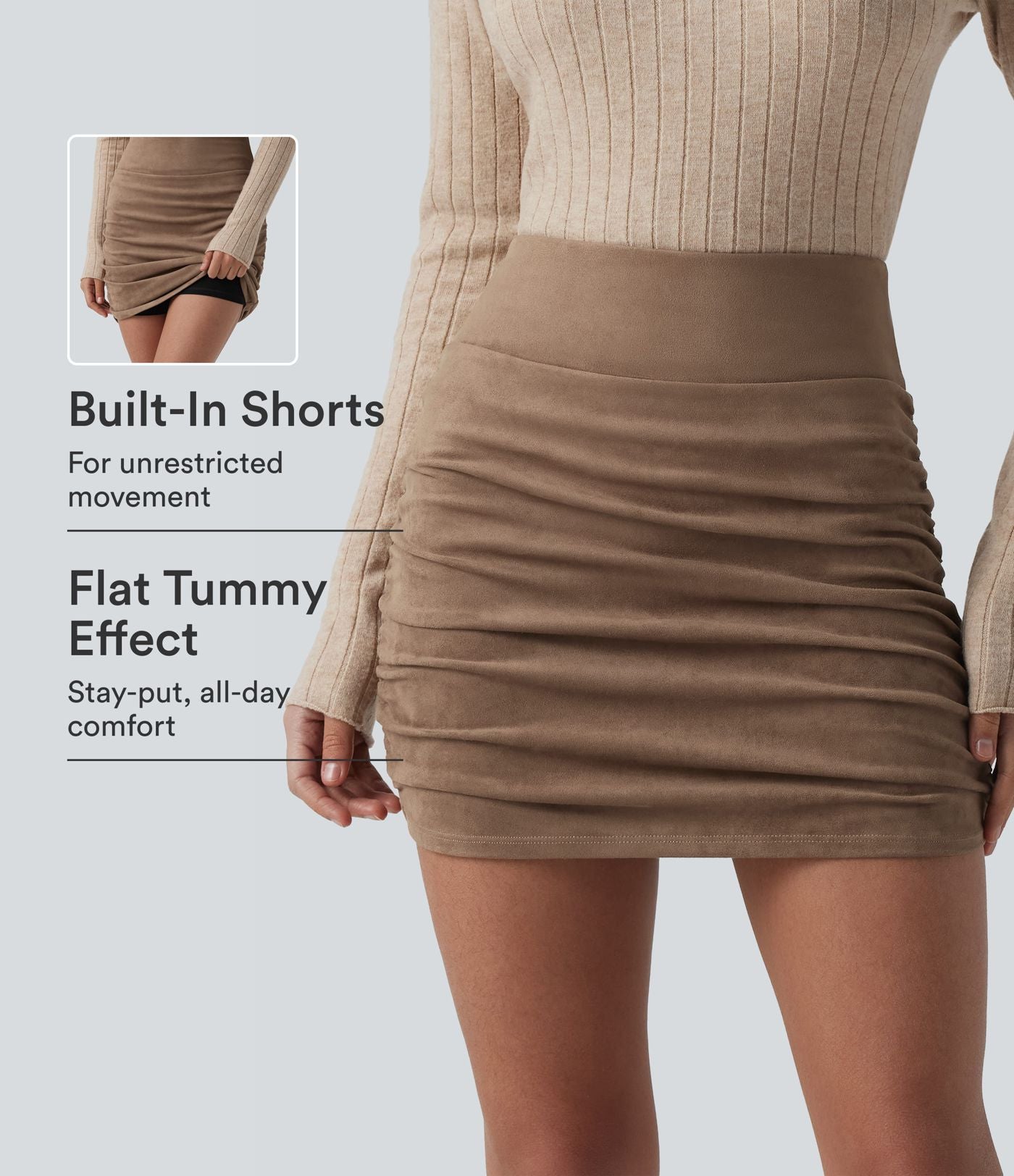 Jupe-short mini moulante taille haute gainante froncée en daim avec ourlet arrondi